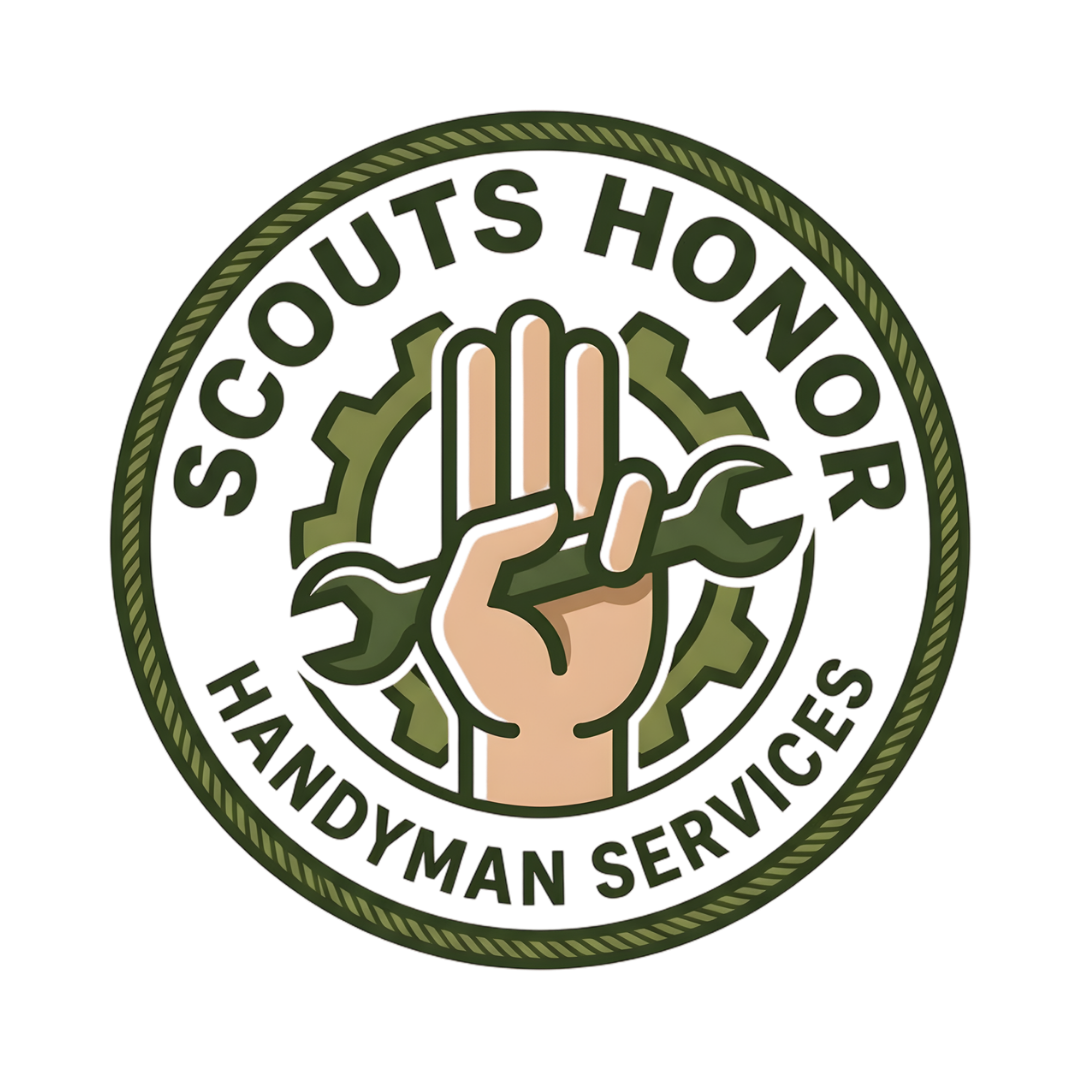 Scouts Honor Handyman Services circular logo with hand and gear design